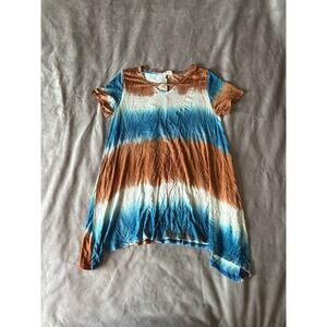 Crepas Tie Dye Sharkbite Tunic Top Blue Brown Keyhole Neck Short Sleeve Large
